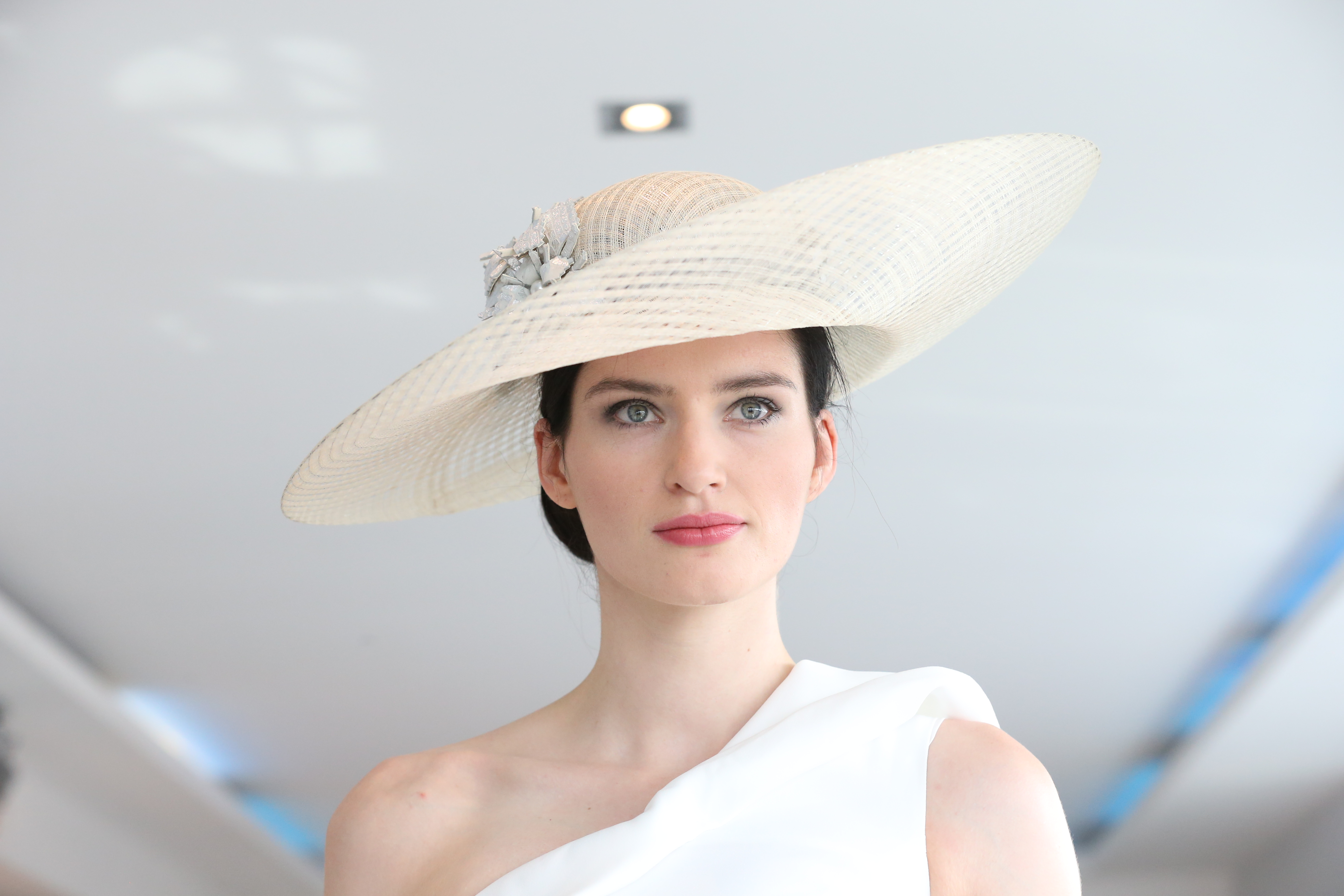 CIFD show Grace windowpane sinamay wide brim with leather flowers