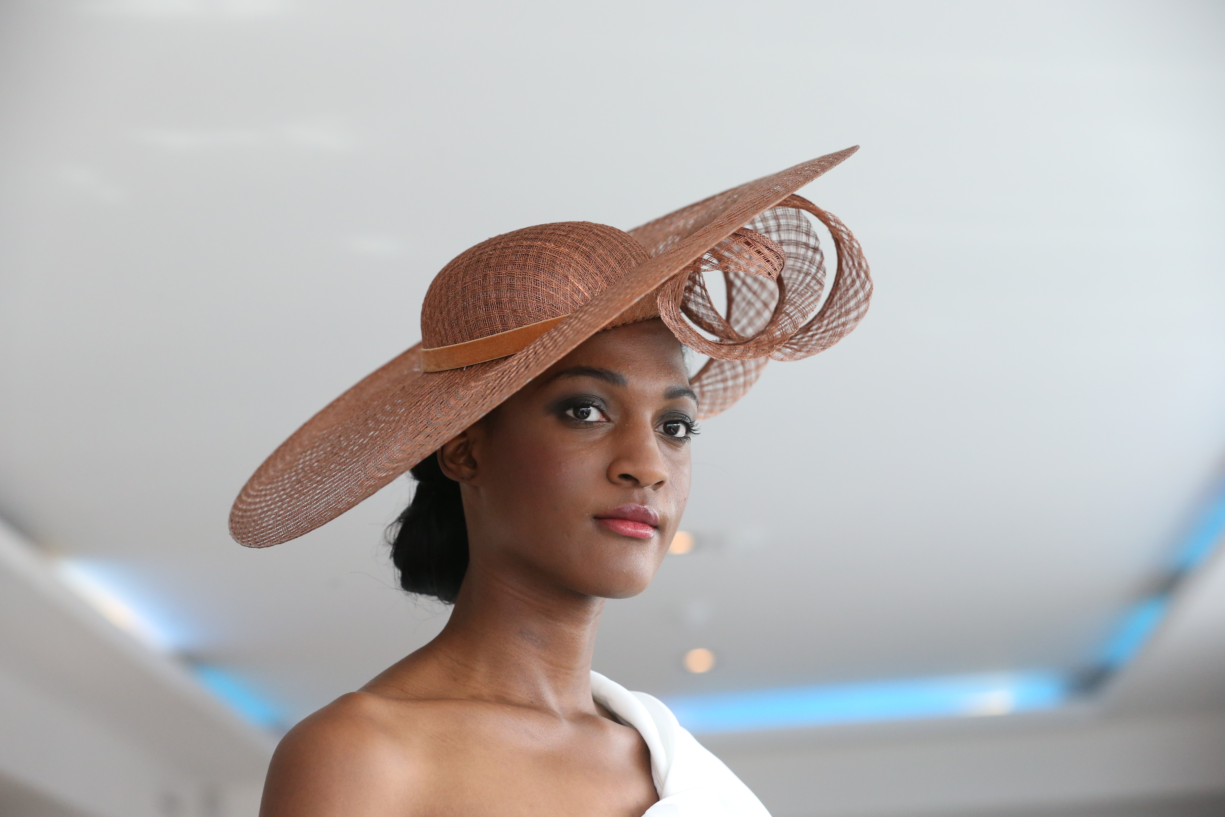 CIFD show Hilary windowpane bronze sinamay wide brim with swirl.JPG